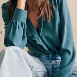 Sézane Chloe 100% Silk Blouse Blue Storm Size 2